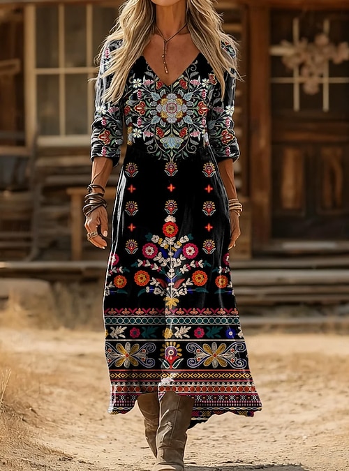 boho going out dress Women's Maxi Dress Boho Sundress Pleated Dress Vacation Casual Going out Beach Standard Fit Graphic Paisley Long Sleeve V Neck Deep Green Black Red Blue Summer Spring 2026