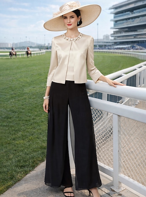 Jumpsuit Pantsuit 3 Piece Floor Length Mother of the Bride Dress Half  Sleeve Scoop Neck Elegant Party Formal Wedding Guest Chiffon Satin Wrap  Included with Beading Split Front 2026 - $184.99