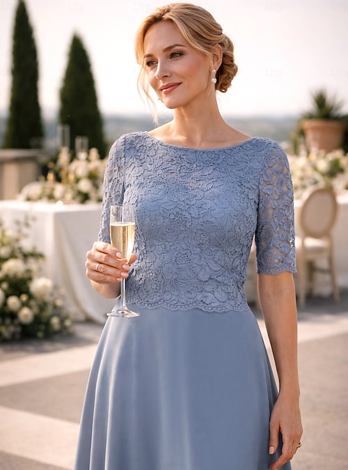 A-Line Knee Length Party Dress Cocktail Dress Wedding Guest Dress Mother of  the Bride Dress Half Sleeve Scoop Neck Elegant Petite Wedding Guest Cocktail  Party Wedding Party Chiffon with Pleats Solid 2026 -