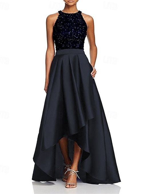 A-Line Asymmetrical Evening Gown Wedding Guest Dresses Ball Gown Formal  Dress Sparkle & Shine High Low Sleeveless Jewel Neck Party Wear Semi Formal  Fall Wedding Guest Satin Sequined with Beading 2026 -