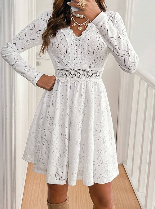 Women's Mini Dress White Dress Lace Dress Modern Vacation Going out Weekend  Regular Fit Plain Long Sleeve V Neck White Summer Spring 2026 - $34.99