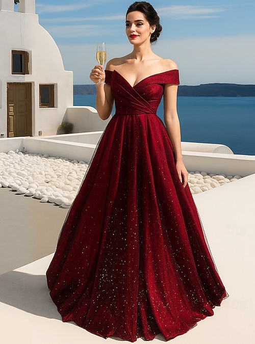 A-Line Floor Length Prom Dresses Elegant Sparkle & Shine Tiered Plisse Short Sleeve Off Shoulder Wedding Guest Party Wear Tulle with Embroidery Tiered 2026 - $109.99 A-Line Floor Length Prom Dresses Elegant Sparkle & Shine Tiered Plisse Short Sleeve Off Shoulder Wedding Guest Party Wear Tulle with Embroidery Tiered 2026 - $109.99