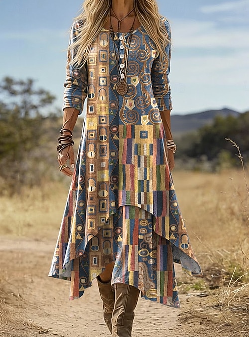 Women's Midi Dress Boho Shift Dress Vacation Casual Daily Holiday Regular Fit Graphic Geometric Long Sleeve Crew Neck V Neck Black Red Orange Dark Blue Summer Spring Fall 2026
