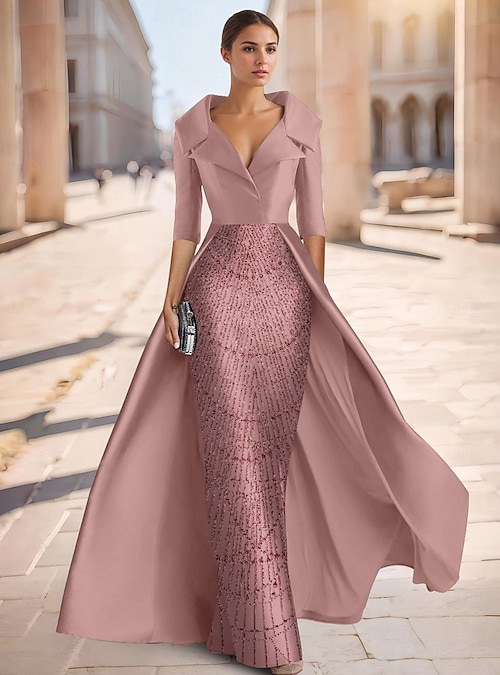 A-Line Floor Length Beaded Eembroidered Formal Dresses Mother of the Bride Dress  Evening Gown Ball Gown with Overskirt Formal Dress Elegant Silky Half Sleeve  Shirt Collar Wedding Formal Satin with 2026 -