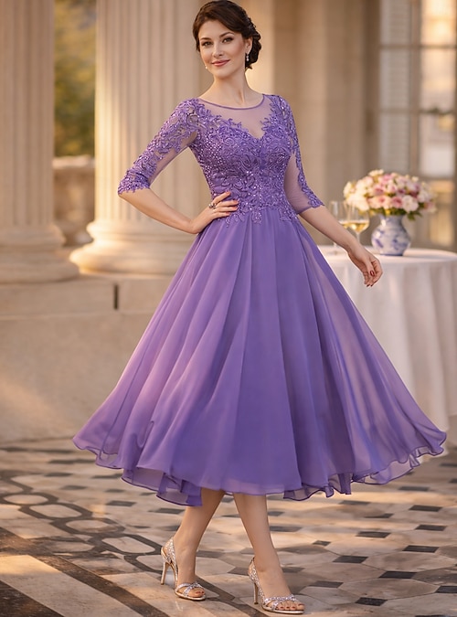 A-Line Tea Length Party Dress Cocktail Dress Wedding Guest Dress Mother of  the Bride Dress Half Sleeve Jewel Neck Elegant Wedding Guest Engagement  Party Chiffon Tulle with Beading Appliques 2026 - CAD