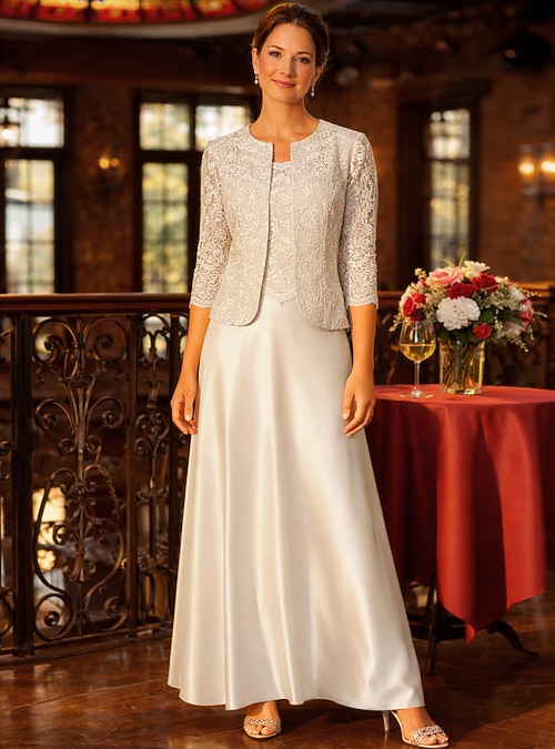 fitted lace wedding dress Satin Short Wedding Dresses With Long Sleeve Jacket DW693 – TANYA BRIDAL main image 0