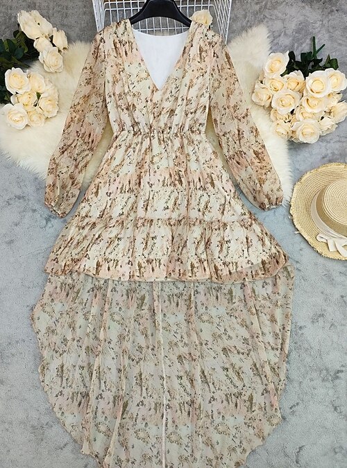 Women's Maxi Dress Boho A Line Dress Casual Outdoor Going Out Loose Fit Floral Long Sleeve V Neck Blue Beige Summer Spring Fall