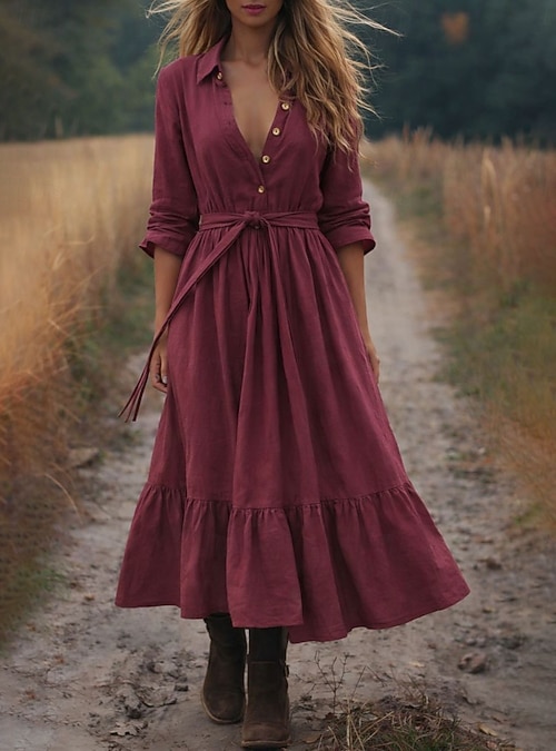 Women's Maxi Dress Faux Cotton Linen A Line Dress Casual Daily Loose Fit Plain Long Sleeve Lapel Red Beige Summer Fall Autumn 2026 - CAD $77.99 Women's Maxi Dress Faux Cotton Linen A Line Dress Casual Daily Loose Fit Plain Long Sleeve Lapel Red Beige Summer Fall Autumn 2026 - CAD $77.99