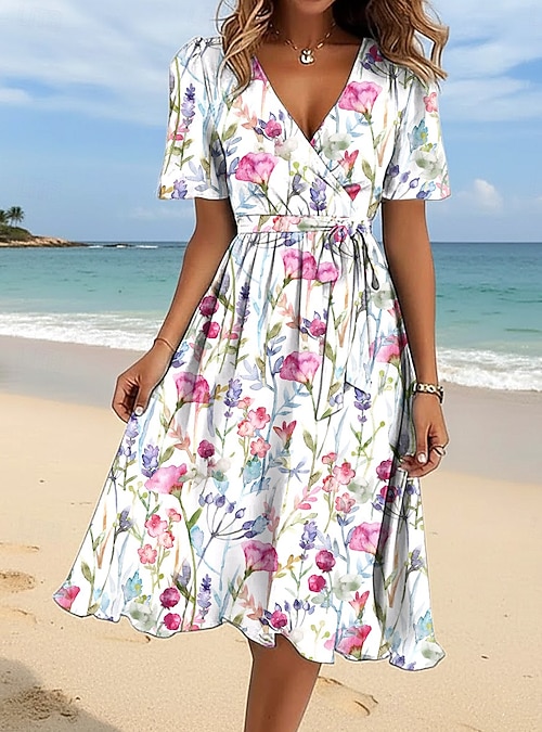 Women's Midi Dress A Line Dress Vacation Casual Holiday Date Regular Fit  Floral Graphic Half Sleeve V Neck Blue Light Pink Beige Summer Spring 2026  - CAD $49.99