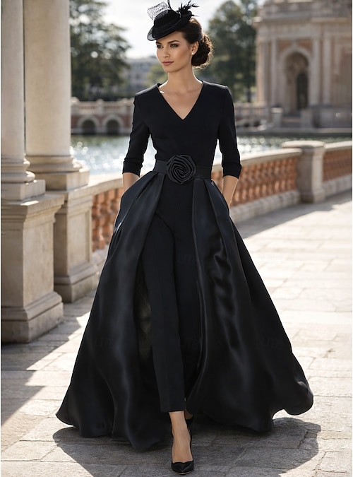 Jumpsuit Pantsuit Sweep Brush Train Mother of the Bride Dress 3/4 Length  Sleeve V Neck Elegant Simple Black Dress Wedding Guest Formal Evening  Stretch Fabric with Solid Color 2026 - $172.99