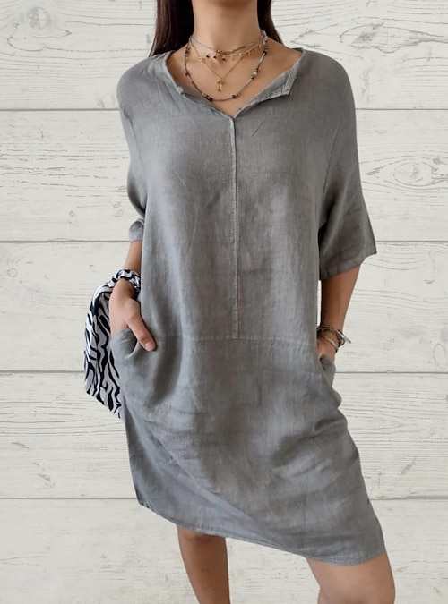 Women's Linen Like Faux Cotton Linen Mini Dress Shift Dress Summer Dress  Casual Daily Loose Fit Plain 3/4 Length Sleeve V Neck White Dark Gray Beige  Gray Summer Spring 2026 - 20.99