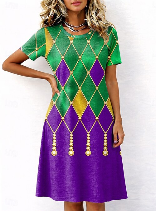 Carnival Mardi Gras Women's Midi Dress T Shirt Dress Tee Dress Shift Dress Summer Dress Casual Daily Regular Fit Graphic Abstract Short Sleeve Crew Neck White Purple Green Summer Spring 2026 - Carnival Mardi Gras Women's Midi Dress T Shirt Dress Tee Dress Shift Dress Summer Dress Casual Daily Regular Fit Graphic Abstract Short Sleeve Crew Neck White Purple Green Summer Spring 2026 -