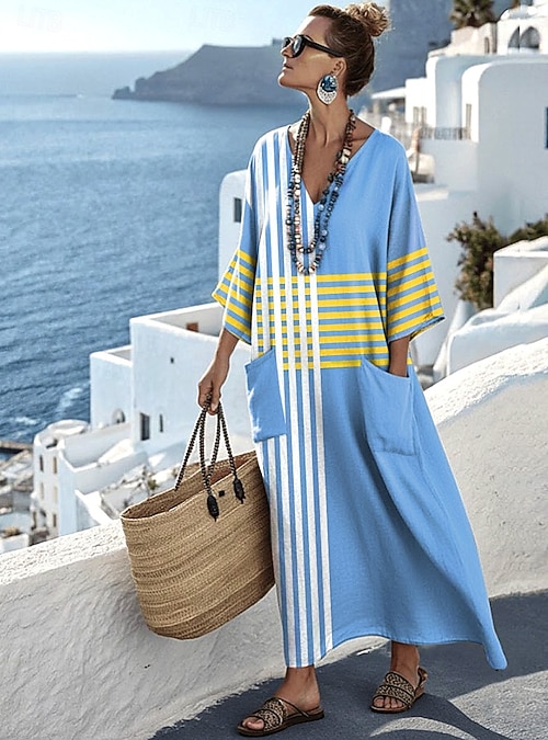 Women's Maxi Dress Linen Like Breathable Lightweight Sundress A Line Dress  Vacation Casual Boho Beach Going out Floral Graphic Geometric Long Sleeve V  Neck Blue Red Sky Blue Orange Summer Spring 2026 -