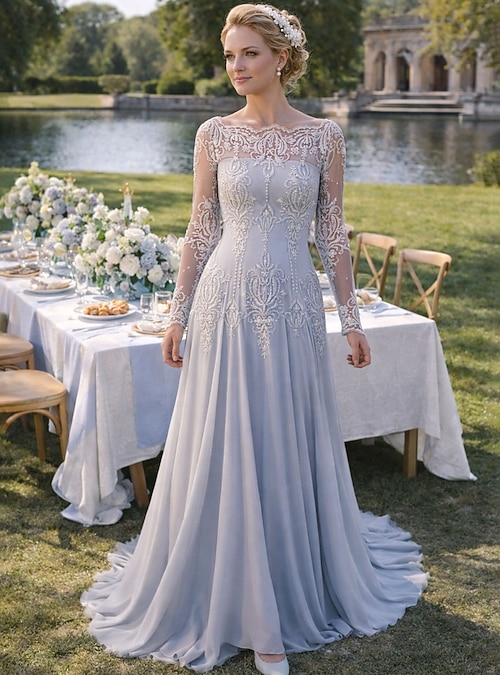 scalloped a line dress Romantic Off-the-Shoulder A-Line Gown With Scalloped Train