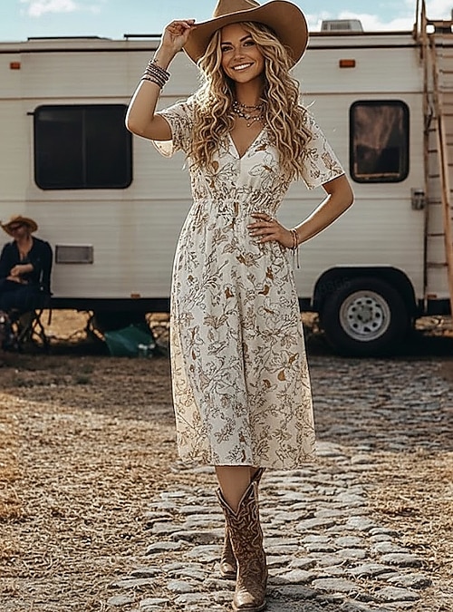 boho ethnic dress Women's Midi Beach Dress Casual Dress Dress Chiffon Dress Elegant Bohemia Vacation Regular Fit Floral Short Sleeve V Neck Beige Summer Spring 2026 or casual celebrations Key QTY:126 Women's Green Cut-out bodycon Accessory size:M