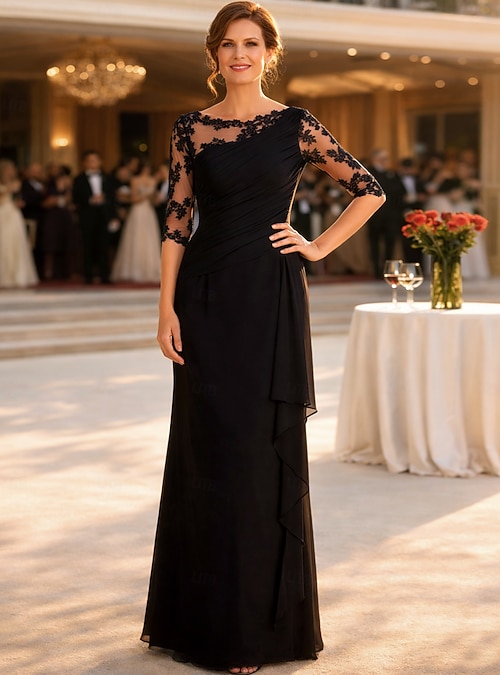 Sheath Column Floor Length Wedding Guest Dress Formal Dresses Evening Gown  Mother of the Bride Dress Half Sleeve Bateau Neck Plus Size Wedding Guest  Chiffon Lace with Draping Appliques 2026 - $172.99