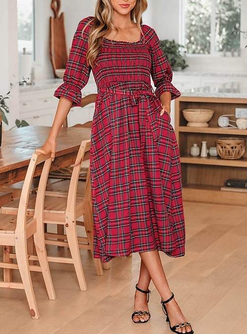 Women's Midi Dress Plaid Dress Elegant Fashion Modern Daily Outdoor  Vacation Regular Fit Floral Sleeveless Square Neck Red Green Spring Fall  2026 - $52.99