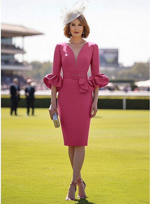 Sheath Column Tea Length Party Dress Cocktail Dress Wedding Guest Dress  Mother of the Bride Dress Half Sleeve V Neck Elegant Cocktail Wedding Guest  Engagement Party with Sash / Ribbon 2026 - $129.99