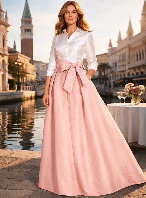 A-Line Floor Length Shirt Dress Wedding Guest Dress Formal Dresses Mother  of the Bride Dress 3/4 Length Sleeve Shirt Collar Cute Minimalist Formal  Evening Taffeta with Bow(s) Splicing 2026 - $183.99