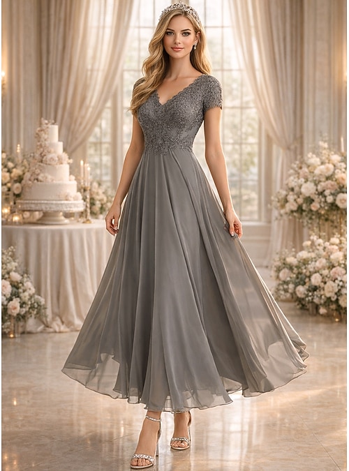A-Line Floor Length Party Dress Cocktail Dress Wedding Guest Dress Mother  of the Bride Dress Short Sleeve V Neck Elegant Wedding Guest with Solid  Color 2026 - $167.99