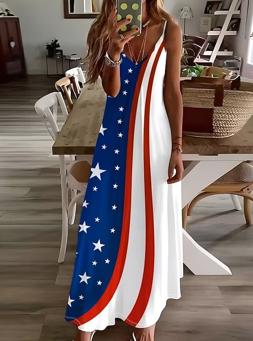 Independence Day Patriotic Women's Maxi Dress A Line Dress Slip Dress  Vacation Casual Going out Regular Fit Graphic Flag Sleeveless V Neck  Spaghetti Strap Blue Navy Navy Blue Summer Spring 2026 - $35.99