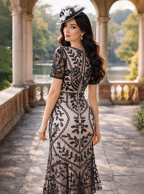 A-Line Dress Tea Length Party Dress Cocktail Dress Wedding Guest Dress  Mother of the Bride Dress Short Sleeve V Neck Elegant Vintage Party Wedding  Guest Holiday Formal Evening Corded Lace with Lace