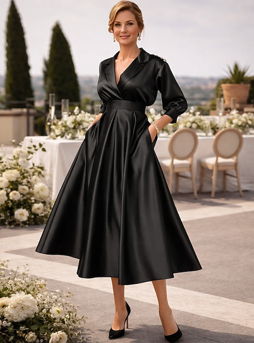 A-Line Tea Length Party Dress Cocktail Dress Wedding Guest Dress Mother of  the Bride Dress 3/4 Length Sleeve Shirt Collar Elegant Vintage 1950s  Evening Party Wedding Guest WorkWear Satin with Pleats 2026 -