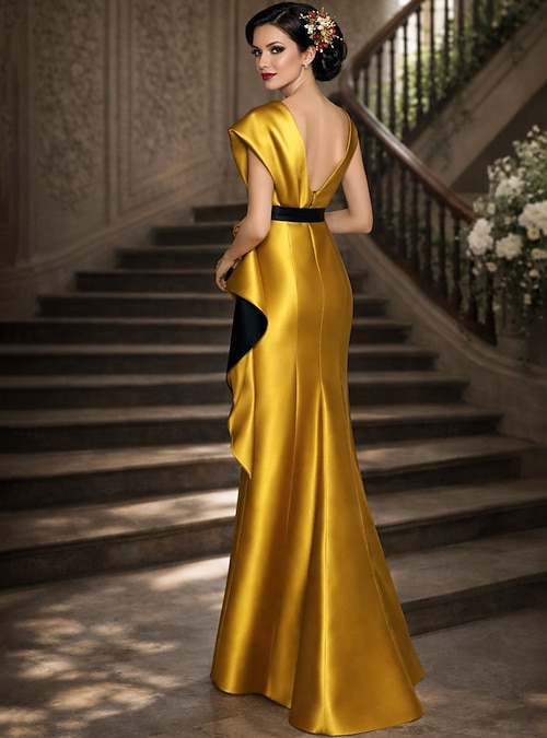 Sheath Column Floor Length Wedding Guest Dress Formal Dresses Evening Gown  Mother of the Bride Dress Short Sleeve V Neck Elegant Formal Wedding Guest  Fall Satin with Ruffles Embroidery Appliques 2026 -