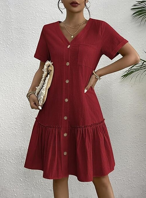 Women's Mini Dress Faux Cotton Linen A Line Dress Casual Daily Loose Fit  Plain Short Sleeve V Neck Blue White Wine Army Green Summer Spring 2026 -  $25.99