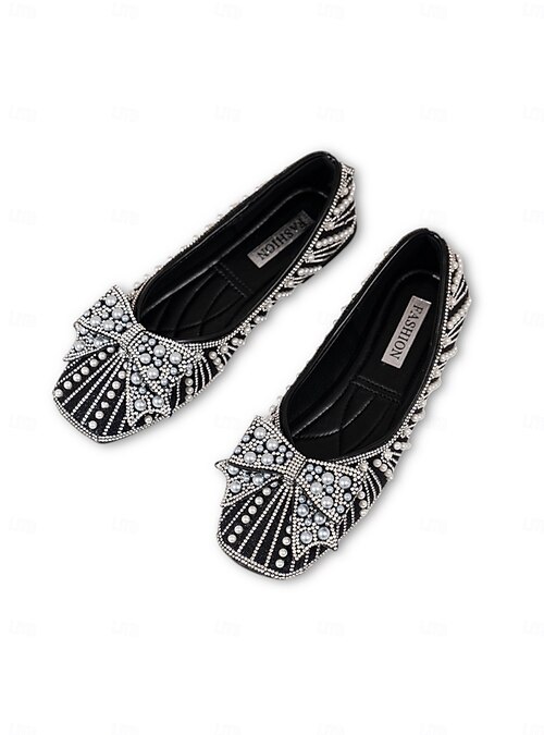 Women's Black Rhinestone Bow Flats, Elegant Comfort Dress Shoes for Mother of the Bride at City Weddings 2026 - $32.99 Women's Black Rhinestone Bow Flats, Elegant Comfort Dress Shoes for Mother of the Bride at City Weddings 2026 - $32.99