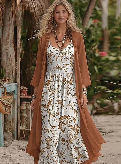 Women's Dress Set A Line Dress Vacation Boho Graphic Paisley Layered Print  Maxi Dress 3/4 Length Sleeve V Neck Daily Beach Dark Pink Light Brown Dark  Blue Summer Spring Regular Fit 2026 - 52.99