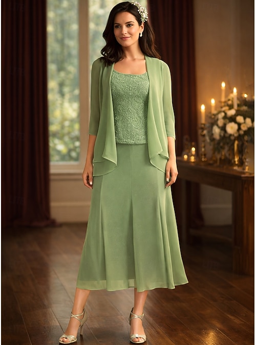 Dress Sets Tea Length Wedding Guest Dress Mother of the Bride Dress 3/4 Length Sleeve Square Neck Elegant Simple Wedding Guest with Solid Color 2026 - AU $303.69 Dress Sets Tea Length Wedding Guest Dress Mother of the Bride Dress 3/4 Length Sleeve Square Neck Elegant Simple Wedding Guest with Solid Color 2026 - AU $303.69
