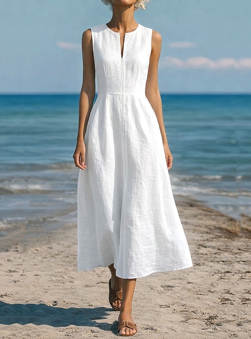 x line dresses for women Women's Maxi Dress Linen-feel Dresses A Line Dress Summer Dress Casual  Daily Regular Fit Plain Sleeveless V Neck Navy Black White Summer 2026