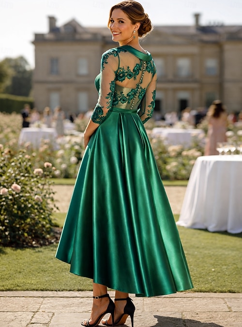 A-Line Asymmetrical Party Dress Cocktail Dress Wedding Guest Dress Mother  of the Bride Dress 3/4 Length Sleeve Jewel Neck Elegant High Low Mother  Formal Satin with Pleats Appliques 2026