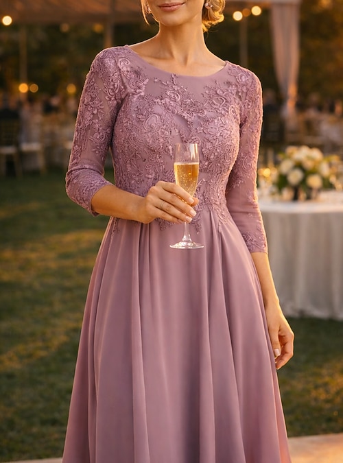 A-Line Tea Length Party Dress Cocktail Dress Wedding Guest Dress Mother of the  Bride Dress 3/4 Length Sleeve Crew Neck Elegant Wedding Guest Engagement  Party Chiffon with Pleats Appliques 2026 - $169.99