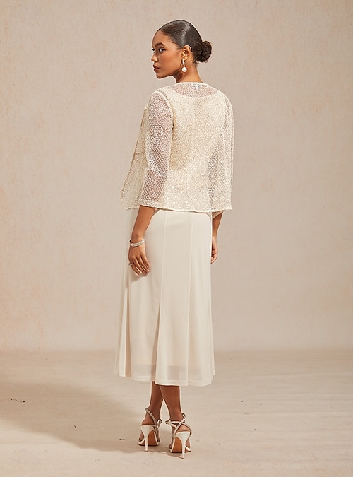 sequined a-line midi dress and jacket Collared Sequin Tweed Midi Dress In Champagne