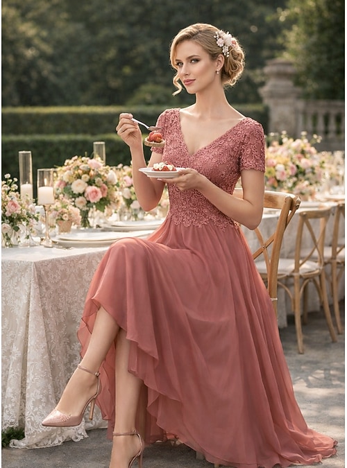 A-Line Asymmetrical Party Dress Cocktail Dress Wedding Guest Dress Mother  of the Bride Dress Short Sleeve V Neck Elegant Formal Wedding Guest Formal  Evening Chiffon with Solid Color 2026 - CAD $234.99