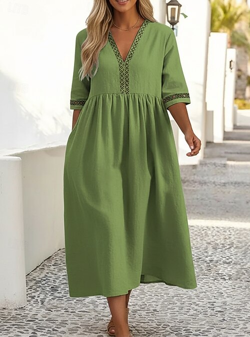 Women's 100% Cotton Midi Dress Cotton Linen Dresses Shift Dress Fashion Modern Outdoor Vacation Going Out Loose Fit Plain Half Sleeve V Neck Neon