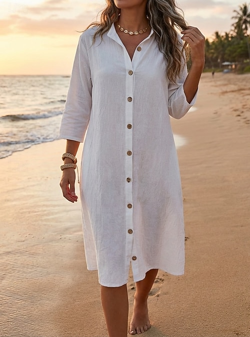 linen shirt dress knee length Linen Shirtdress With Short Sleeves, A-line Linen Summer Dress With Classic Collar, Linen Midi Shirt Dress With Belt, Casual Linen Dress EVA