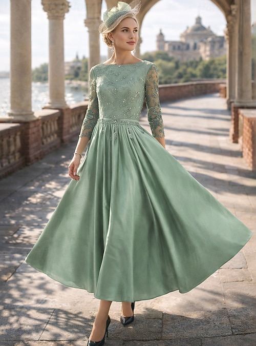 a line scoop neck tea length dresses Champagne Floral Mother of the Bride Dress 2026 Tea Length A-Line Garden Wedding Guest Formal Dress main image 1