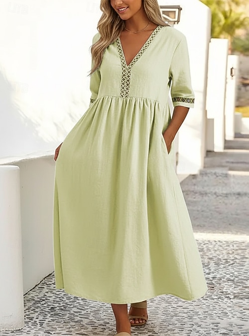Women's 100% Cotton Midi Dress Cotton Linen Dresses Shift Dress Fashion Modern Outdoor Vacation Going Out Loose Fit Plain Half Sleeve V Neck Neon