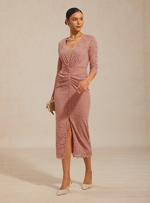 open lace back dress Blush Pink Fitted Dress with Beading & Feather Detail – La Creme Boutique main image 1
