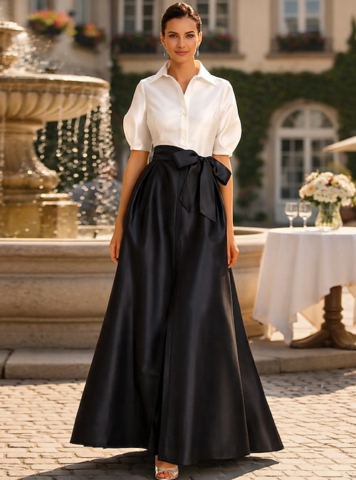 A-Line Floor Length Shirt Dress Wedding Guest Dress Formal Dresses Mother  of the Bride Dress Short Sleeve Shirt Collar Elegant Party Formal Wedding  Guest Taffeta with Bow(s) Color Block 2026 - NZ