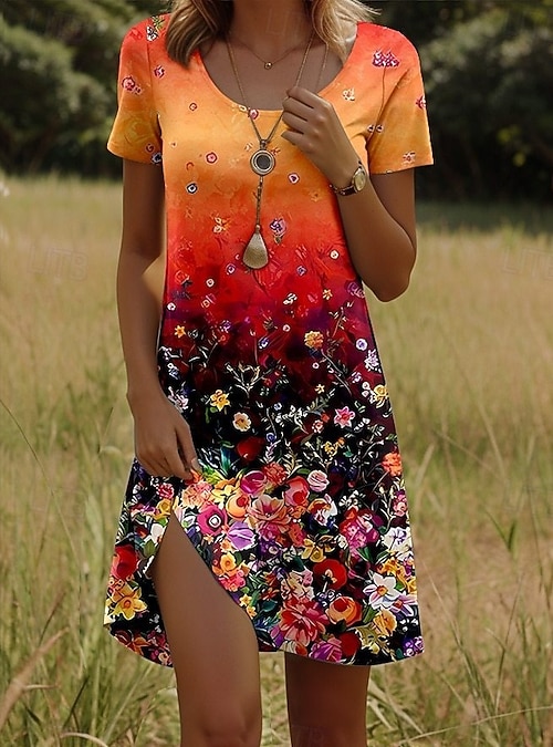 Women's Mini Dress Sundress T Shirt Dress Tee Dress A Line Dress Summer  Dress Vacation Casual Daily Beach Holiday Regular Fit Floral Graphic Half  Sleeve Crew Neck Blue Black Orange Green Summer