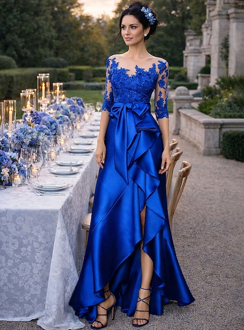 Mermaid Trumpet Asymmetrical Wedding Guest Dress Formal Dresses Evening Gown Mother of the Bride Dress Half Sleeve Jewel Neck Elegant Floral Wedding Guest Fall Satin with Bow(s) Appliques 2026 - KWD 61.99 Mermaid Trumpet Asymmetrical Wedding Guest Dress Formal Dresses Evening Gown Mother of the Bride Dress Half Sleeve Jewel Neck Elegant Floral Wedding Guest Fall Satin with Bow(s) Appliques 2026 - KWD 61.99