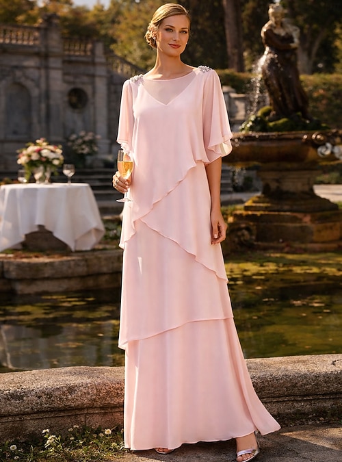 A-Line Floor Length Wedding Guest Dress Formal Dresses Tiered Dress Mother  of the Bride Dress Half Sleeve Bateau Neck Elegant Formal Wedding Guest  Chiffon with Ruffles Draping Tier 2026 - NZ $311.59