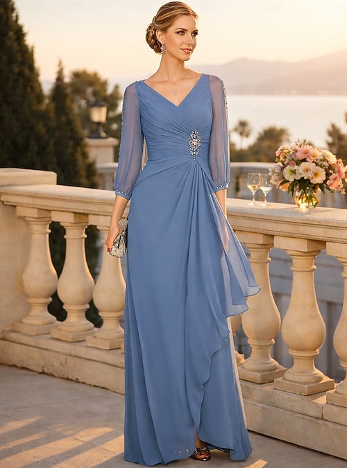 A-Line Floor Length Wedding Guest Dress Formal Dresses Evening Gown Mother  of the Bride Dress 3/4 Length Sleeve V Neck Elegant Wedding Guest Engagement  Party Chiffon with Beading Ruching 2026 - 216.99