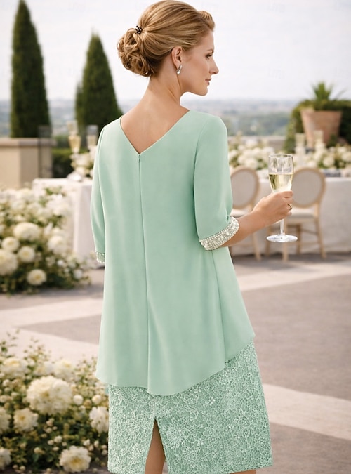 Sheath Column Knee Length Party Dress Cocktail Dress Wedding Guest Dress  Mother of the Bride Dress Half Sleeve Jewel Neck Elegant Wedding Guest  Sequined Stretch Chiffon with Lace Ruching 2026 - $160.99