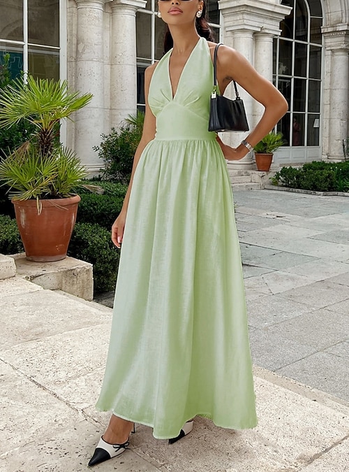 maxi halter dress casual Women's 100% Cotton Maxi Dress Faux Linen A Line Dress Halter Dress Casual  Daily Beach Holiday Regular Fit Plain Sleeveless Halter Neck White Sky Blue  Green Apricot Summer Spring 2026