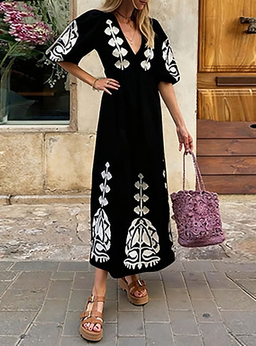 casual modern kaftan dress Women's Midi Dress Faux Cotton Linen Kaftan Dress Casual Dress Print Dress  Elegant Fashion Modern Outdoor Vacation Going out Loose Fit Geometric Half  Sleeve V Neck Black Red Orange Dark Blue Summer